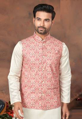 pink printed silk nehru jacket with kurta pajama for men 1