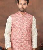 pink printed silk nehru jacket with kurta pajama for men