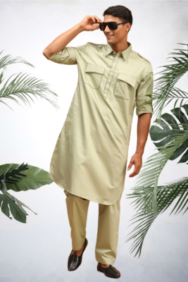 Men's light green cotton blend pathani suit set 1