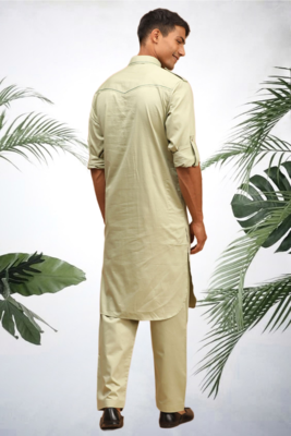 Men's light green cotton blend pathani suit set 3