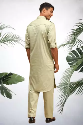 Men's light green cotton blend pathani suit set