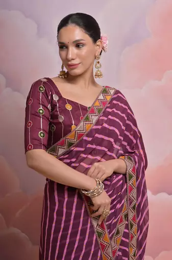Wine Multi Dhaga Coding Sequin Georgette Saree with Blouse