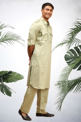 Men's light green cotton blend pathani suit set 4