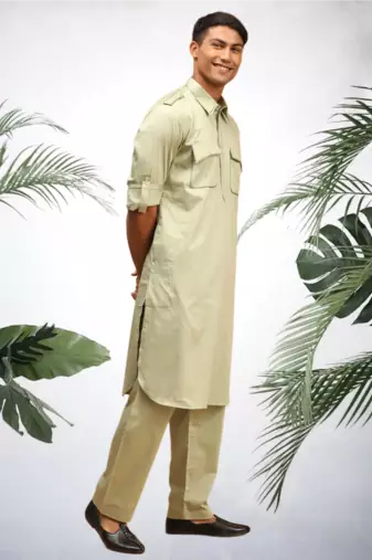 Men's light green cotton blend pathani suit set