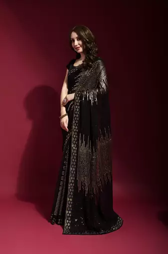 Black Sequin Embroidery Georgette Saree with Blouse