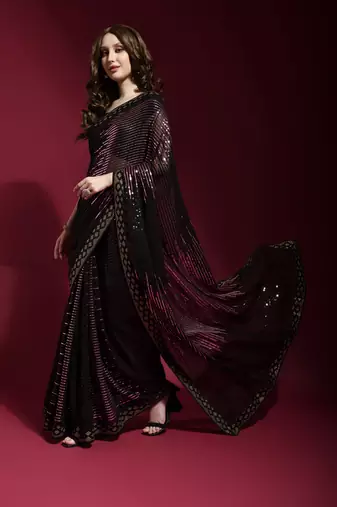 Wine Sequin Embroidery Georgette Saree with Blouse