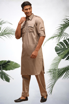 Men's brown cotton blend pathani suit set 1