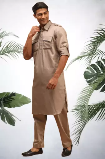 Men's brown cotton blend pathani suit set