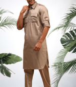 Men's brown cotton blend pathani suit set