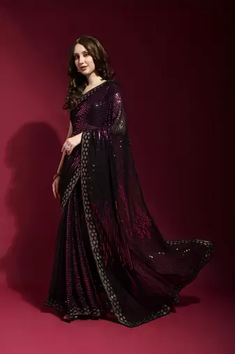 Wine Sequin Embroidery Georgette Saree with Blouse