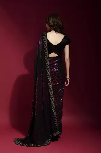 Wine Sequin Embroidery Georgette Saree with Blouse
