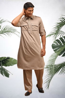 Men's brown cotton blend pathani suit set 2