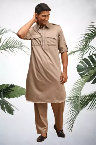 Men's brown cotton blend pathani suit set