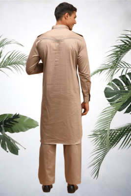 Men's brown cotton blend pathani suit set 4