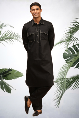Men's black cotton blend pathani suit set 2