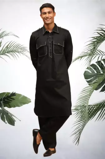 Men's black cotton blend pathani suit set