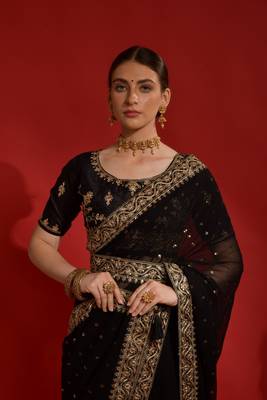 Black Sequin with Coding Embroidery Georgette Saree with Blouse 3