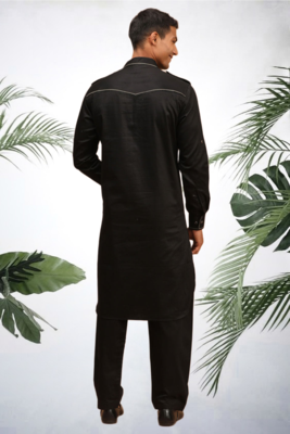 Men's black cotton blend pathani suit set 3
