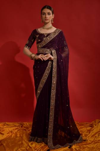 Wine Sequin with Coding Embroidery Georgette Saree with Blouse