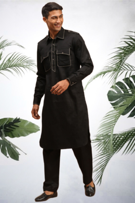 Men's black cotton blend pathani suit set 4