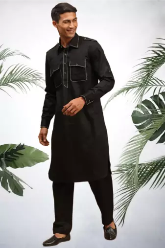 Men's black cotton blend pathani suit set