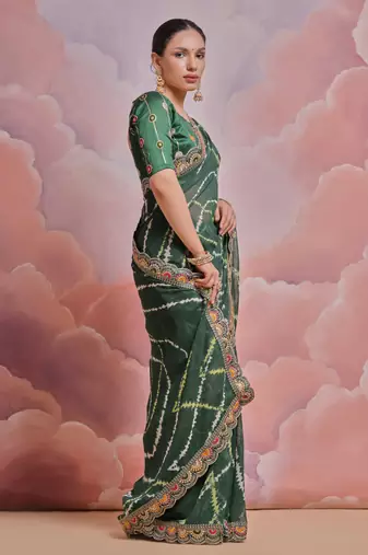 Dark Green Multi Dhaga Coding Sequin Georgette Saree with Blouse