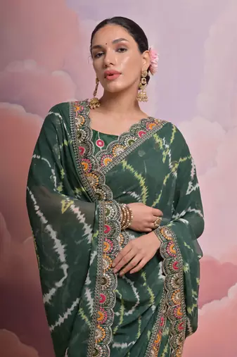 Dark Green Multi Dhaga Coding Sequin Georgette Saree with Blouse