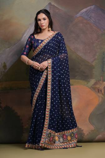 Navy Blue Multi Dhaga Coding Sequin Georgette Saree with Blouse