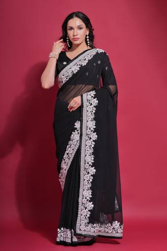 Black Dhaga Coding Georgette Saree with Blouse