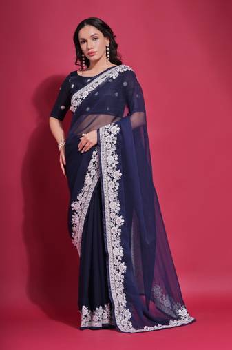 Navy Blue Dhaga Coding Georgette Saree with Blouse