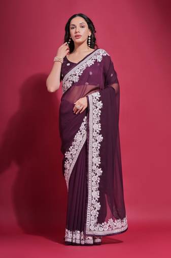 Wine Dhaga Coding Georgette Saree with Blouse