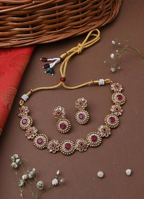 Gold Plated Necklace Set With Red Stones 1
