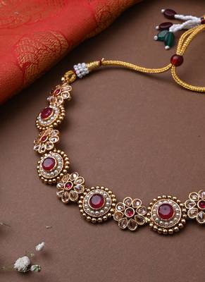 Gold Plated Necklace Set With Red Stones 4