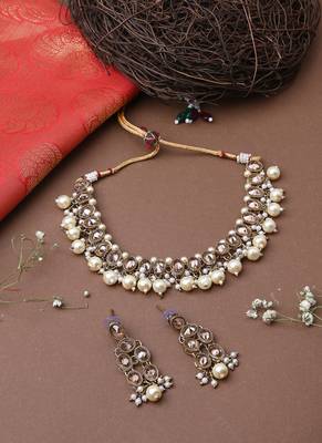 Kundan White Gold Beaded Necklace Set With Earrings 1