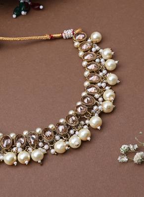 Kundan White Gold Beaded Necklace Set With Earrings 4