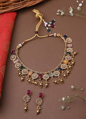 Multicolour Gold Plated Necklace Set With Golden Earrings 1