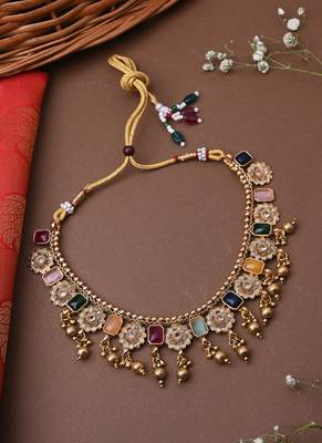 Multicolour Gold Plated Necklace Set With Golden Earrings 3