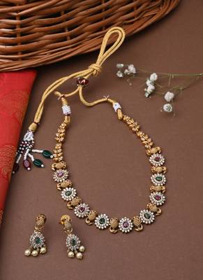Traditional Multicolour Gold Plated Necklace Set With Earrings 1