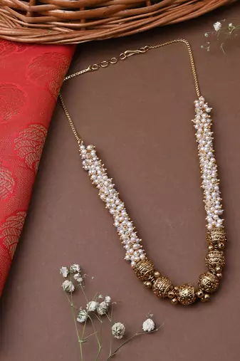 White Gold Beaded Jewellery With Golden Earrings
