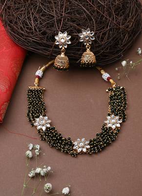 Beaded Jewellery Floral Green Necklace With Earrings 1