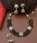 Beaded Jewellery Floral Green Necklace With Earrings