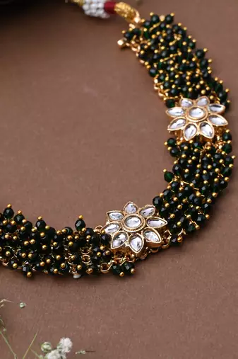 Beaded Jewellery Floral Green Necklace With Earrings