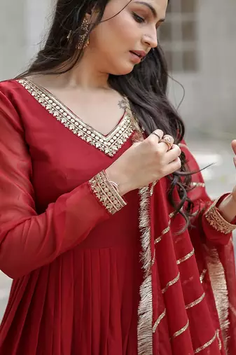 Maroon Color Designer Trending Georgette Gown Dupatta Collection