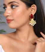Gold plated ruby &white peal drop earring