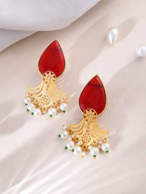 Gold plated ruby &white peal drop earring 2