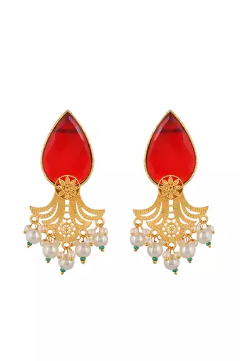 Gold plated ruby &white peal drop earring