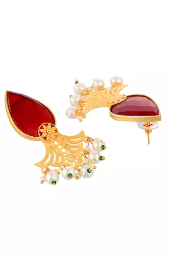 Gold plated ruby &white peal drop earring