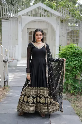 Black Color Designer Trending Georgette Gown Dupatta Collection