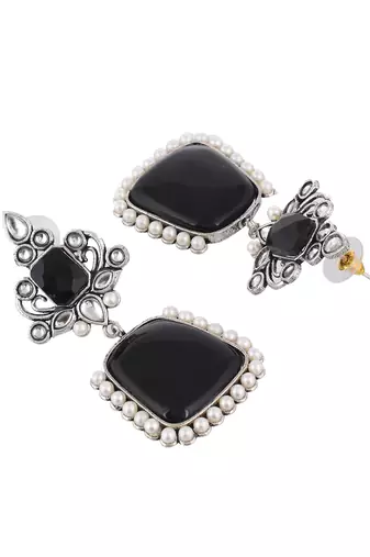 Gold plated white pearl black stone drop earring