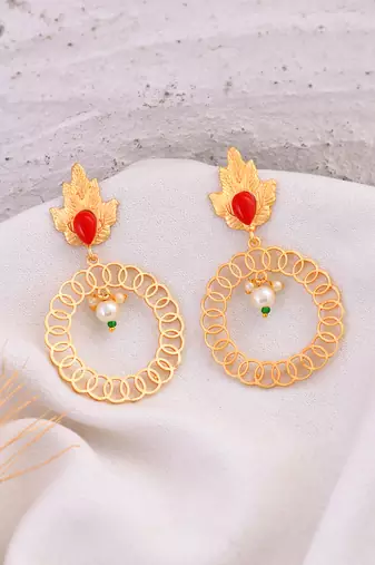 Gold plated white pearl round drop earring